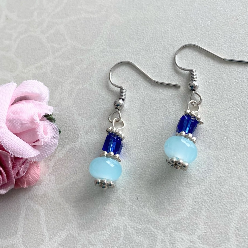 Handcrafted Light Blue and Royal Blue Bead Dangle Earrings